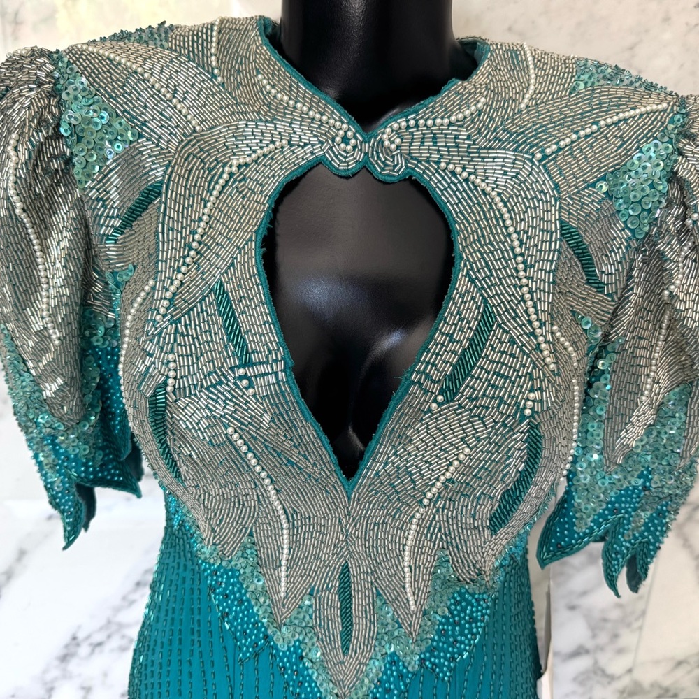 Teal and Silver Beaded vintage turquoise short sleeve women’s dress